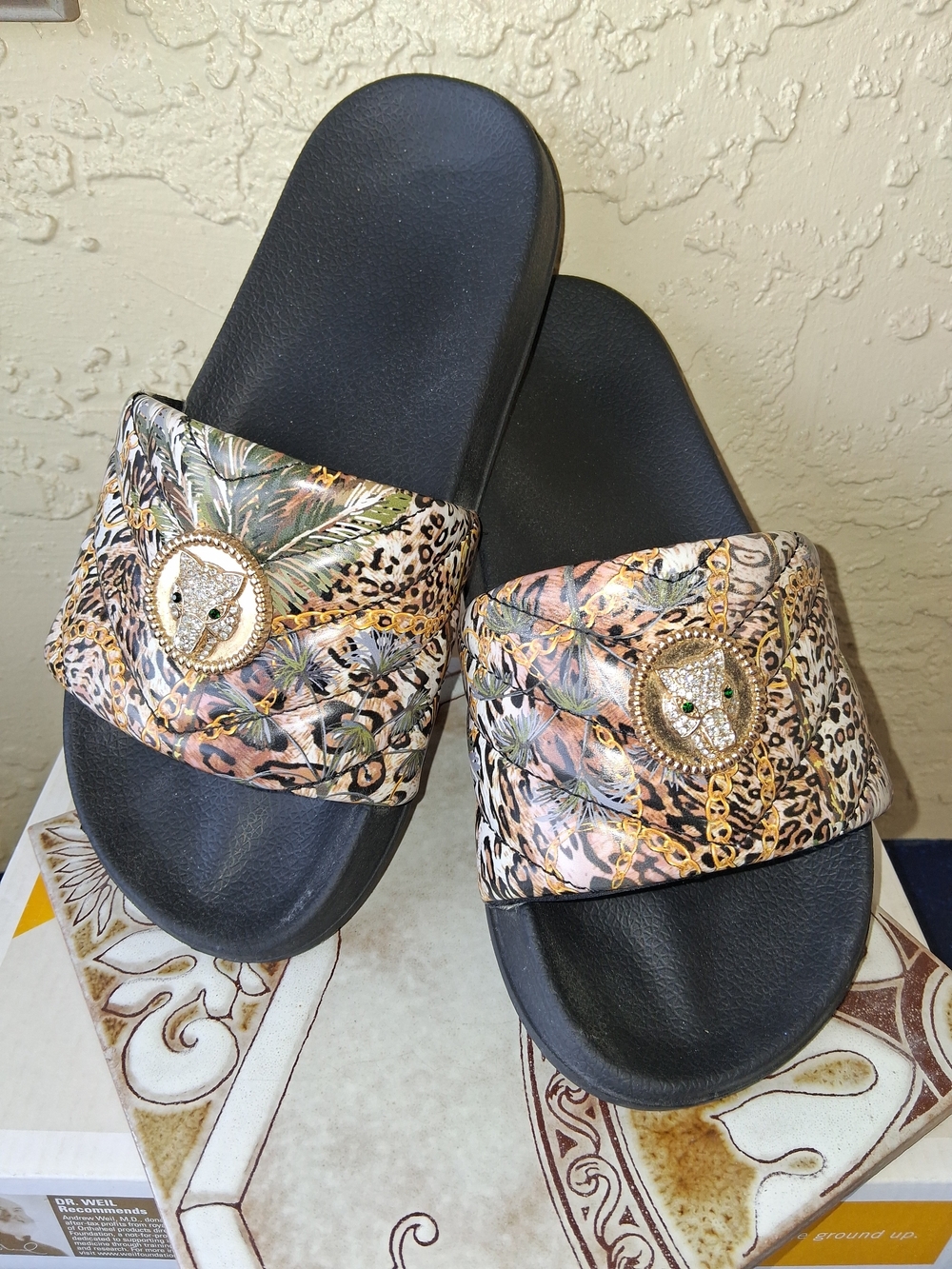 Leopard Print Slide Sandals with Gold Medallion - Black